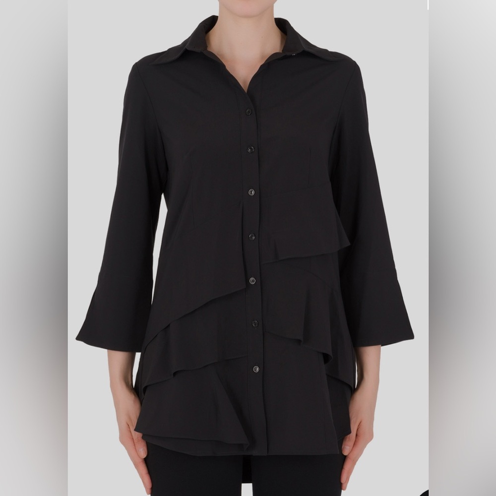 LNEW Joseph Ribkoff long black ruffle tunic blouse, size 8